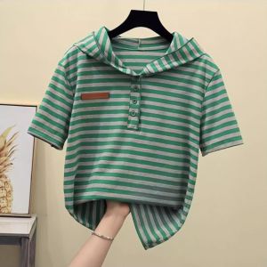 Pure Cotton Long Sleeve Hoodie Womens T-Shirt Striped Base Layer Shirt for Mid-aged Mothers Spring Autumn New Style Commute Classic