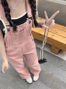 เอี๊ยมยีนส์สีชมพูสำหรับผู้หญิงแบบใหม่ฤดูร้อนจั๊มสูททรงสอบทรงหลวมสไตล์อเมริกันแนววินเทจแบบลำลองแนวช่างกลสำหรับคนตัวเล็ก