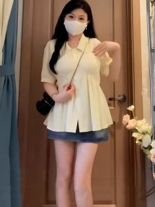 Elegant Polo Collar Short Sleeve Shirt Womens Summer New Style plus Size Waist Cinched Beautiful Small Top Korean Style Bubble Sleeve