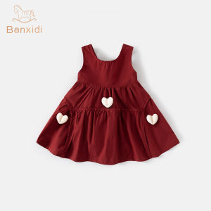 Korean Style Girls Summer New Red Vest Dress Baby Princess Skirt Cute One Year Old Gift Dress Short Sleeve round Neck Dress