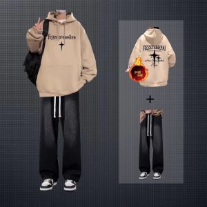 เสื้อสเวตเตอร์ฮู้ดคู่แบบหลวมๆ แขนยาว ฤดูใบไม้ผลิและฤดูใบไม้ร่วง แฟชั่นสตรีทสไตล์ เสื้อผ้าลำลองสำหรับผู้ชาย คอลเลกชันฤดูใบไม้ร่วง