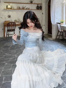 Soft Blue Knitted Slim Fit Top with Square Collar And Floral Print And Skirt Set for Young Women Autumn 2024 Fashion Collection