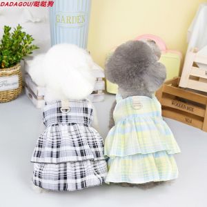 Summer New Plaid Skirt Dog Dress Thin Cotton Teddy Bichon Small Dog Pet Spring Summer Clothes with Zipper for Princess Style