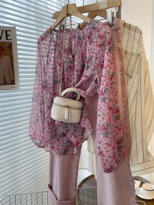 PAIBOLI | Lightweight Summer Fashion Floral Print Loose Fit Round Neck Long Sleeve Womens Chiffon Top Korean Style Casual Versatile Top