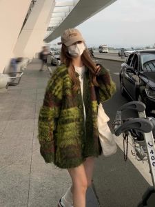 American Retro Green Sweater Jacket Womens Autumn Winter Medium Length Loose Lazy Style High Design Knitted Open Cardigan