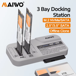 Maiwo | MAIWO 3 Bay Docking Station M.2 NVMe SATA SSD Case & 2.5 3.5 Inch SATA HDD Enclosure Support 30TB/8TB Adapter for Offline Clone