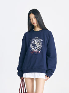 Decemarch Oversize Cotton Sweatshirt Womens Loose Fit round Neck American Retro Print Slimming Effect Street Style Long Sleeve