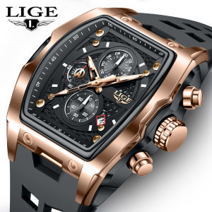 LIGE นาฬิกาธุรกิจผู้ชายกันน้ำโครโนกราฟส่องสว่างวันที่ควอตซ์สายรัดซิลิโคนนาฬิกาข้อมือในชาย + กล่องบรรจุภัณฑ์