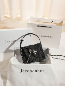 Black Leather Woven Bucket Bag Womens Crossbody High-End Winter Luxury Small Handbag Soft Handle Casual Tote Bag