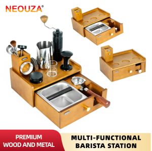 NEOUZA Multi-Functional Barista Station | Built-in Knock Box & Tamper Stand Detachable Drawer Beechwood Stainless Steel Organizer for 51/54/58mm Portafilters