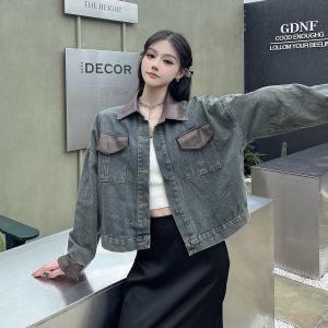 American Retro Workwear Style Denim Jacket Autumn Small Size Slimming Versatile Sweet Cool Spicy Color Block Polyester Fiber