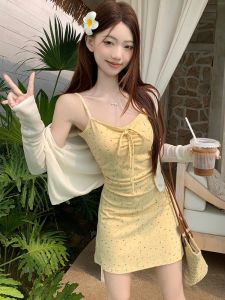 GUZILIAN | French Elegant Floral Butterfly Knot Strap Dress Summer New Style Slimming Waist High Waist Short Skirt Fashionable Womens Dress