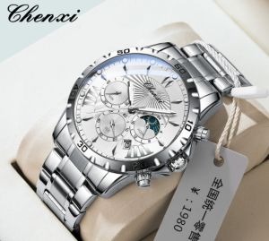 CHENXI Multifunctional Quartz Mens Watches Fashion Waterproof Luminous Chronograph Date Stainless Steel Man Watch Clock