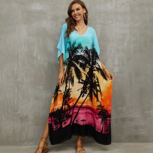 Fall Style Colorful Printing Dress Bohemia Short Sleeve Pullover Blouse Loose Robe Womens Artsy Long Skirt