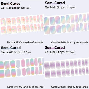 20Tips Semi-Cured Gel Nail Strips Spring Summer Colorful Waterproof Nail Sticker Long Lasting Full Cover LED Gel Nail Sticker