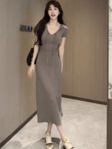 Đầm Thun Hở Lưng Có Mũ Trùm Đầu Thiết Kế Kiểu Dáng Chữ a Dài Mùa Hè Cho Nữ Đầm Bó Sát Thanh Lịch Phong Cách Pháp