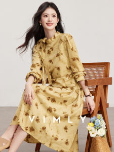 Vimly | Đầm Dài Hoa Vàng Phong Cách Cổ Điển Mùa Xuân Mới Có Dây Nơ Định Hình Eo