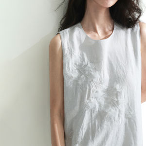 Miccbeirn | Pure Linen Sleeveless Embroidered Floral Dress Elegant White Knee-Length Gown Beaded 3D Flower Artistic Summer Dress