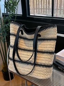 Handwoven Large Capacity Womens Shoulder Bag Fashionable Color Block Tote Commuter Versatile Straw Basket Handbag