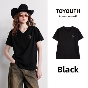Toyouth | Antibacterial Cotton V-Neck Loose Love Embroidery Tee