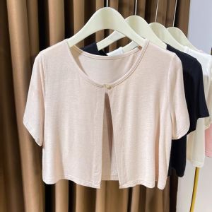 เสื้อคาร์ดิแกนแขนสั้นผ้าโมดอลสำหรับผู้หญิง ฤดูร้อน 2024 เสื้อคลุมกันหนาวแบบสวมไหล่ ชุดเดรสยาวคลุมเข่า ทรงหลวม ปกโปโล สีพื้น