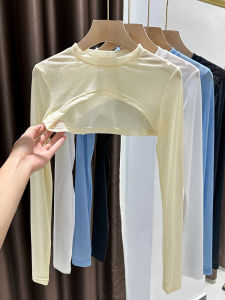 ฤดูร้อน Ice ผ้าไหม ผ้าคลุมไหล่ เสื้อท่อนบน แขนยาวสั้นพิเศษ ลูกไม้ Hollow Out ตาข่าย Cover Up For Women Commute Style Round Neck Fit Body