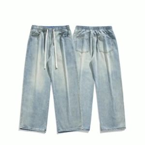 2026 Spring Autumn Mens Loose Black Washed Denim Jeans Baggy Drawstring Waist American Street Style Casual Daily Pants