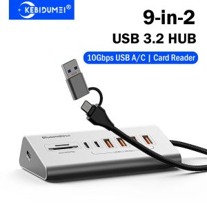 Kebidumei | KEBIDUMEI 9-in-2 USB 3.2 Hubs 10Gbps USB Docking Station USB C Hub Type C Splitter with Card Reader Aluminum Alloy For PC Laptop