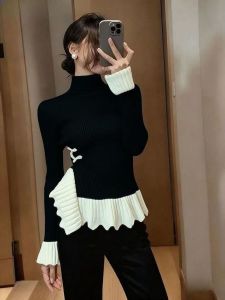 เสื้อสเวตเตอร์ถักสีดำนุ่มสบายๆ สำหรับผู้หญิง ทรงเข้ารูป ปกมน เสื้อคลุมยาวถึงเข่า ทรงหลวม ทรงเข้ารูป แขนยาว ปกติ