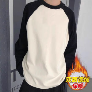 Áo Nỉ Dày Lót Lông Cừu Màu Tương Phản Cho Nam Mùa Thu Đông Thường Ngày in Chữ Tay Dài Cổ Tròn Rộng Rãi Thoải Mái