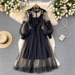 Heavy Embroidery Lace High Waist Lantern Sleeve Stand Collar Two Piece Set Fairy Dress Commute Korean Style Long Sleeve A-Line Skirt