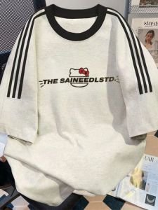 New 2024 Pure Cotton round Neck Short Sleeve Womens T-shirt Loose Fit Cartoon Cat Couple Top Casual Summer Fashion