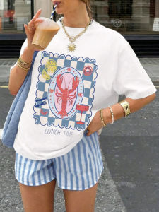 Lunch Time Lobster Print Women T-Shirt Fashion Basic Casual Graphic Top Short Sleeved Cotton Shirt Cute Cartoon Pattern Female