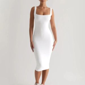 Slimming Solid Color Sleeveless U-Neck Dress Street Style mid Waist H-Shape mid Length A-Line Skirt for Women 25-55 Years Old