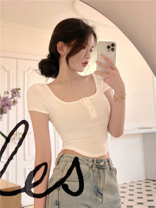 เสื้อยืดสีขาวเซ็กซี่ไม่สม่ําเสมอสําหรับผู้หญิงฤดูร้อน U-Neck Off-Shoulder Short Top Pure Desire Ins Style Hot Girl Clothing