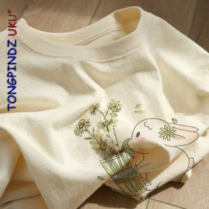 Pure Cotton Girls Summer T-Shirt American Style Short Sleeve Loose Fit 2025 New Mid-Large Children Milk Apricot Half Sleeve Top