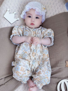 ฤดูร้อน ชุดรอมเปอร์ ชุดสูท เด็กทารก เด็กผู้หญิง ลายดอก เสื้อผ้าคลาน ทารกแรกเกิด สไตล์เจ้าหญิง ผ้าฝ้าย วัสดุแขนสั้นปุ่มเดียว