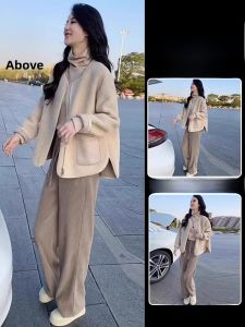 Autumn Winter Womens Short Lamb Fur Jacket Casual Pants Two Piece Set Anti-Aging Small Fragrance Style Fashionable Outerwear