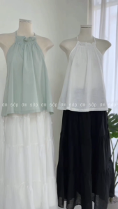 Xanh mint/ Trắng Linen nhẹ mát Áo cổ yếm bo chun dây rút cột hở lưng chiết ly gợi cảm basic sang xịn EVY LINEN TOP