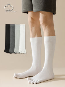 Mens Five-Finger White Socks Breathable Mid-Calf Long Tube Hosiery Cotton Lining Odor-Resistant for All Seasons
