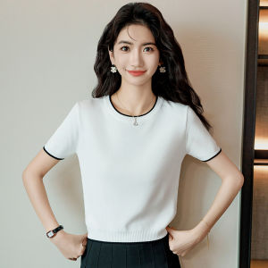 Summer 2025 Ice Silk Knitted Top Womens Color Block round Neck Half Sleeve Thin Short High Waist Small Size T-Shirt Upper Body