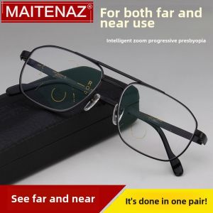 Pure Titanium Large Frame Progressive Multi-Focus Reading Glasses Mens Presbyopic Glasses Dual-Purpose Dual-Light Color-Changing Aging Glasses Plaid