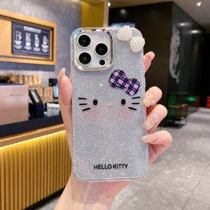 Kitty Cat Phone Case with Glitter Powder for OPPO Reno12/11/10 New Mobile Phone Shell A2 A3PRO Kpop Cartoon A57 A54 Cute Findx7ultra Popular Hair Clip Protective Cover