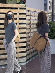 2025 Stripes thin wide leg pants womens summer new Korean version of fashion casual straight pants high waist slim pants