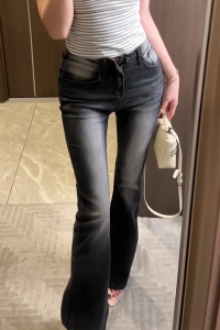 Slimming High Waist Bell Bottom Denim Jeans Womens Washed out Design Spicy Long Trousers Autumn New Style Cotton Stretch Denim