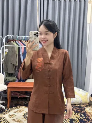 CÓ BIGSIZE 4XL Set bộ nữ đũi vân mây bà lai thêu bông nhẫn -đồ lam nữ -đồ đi chùa