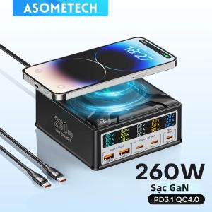 Bộ Sạc Để Bàn ASOMETECH 260W GaN Có Màn Hình Kỹ Thuật Số USB Type C PD3.1 PPS QC4.0 Sạc Nhanh Cho Máy Tính Xách Tay Máy Tính Bảng Điện Thoại