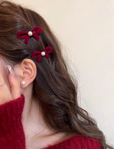 กิ๊ฟติด ผม กิ๊บหนีบผมสวยๆ คลิปผมฤดูใบไม่ร่วงและฤดูหนาวผู้หญิงปีใหม่กำมะหยี่สีแดง