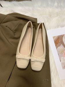 Jiji Studios Minimalist Bowknot Square Head Flats Women 2024 New Arrival Low Heel Soft Leather Grandma Shoes Pregnant Women