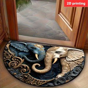 VIKAMA Semi-Circular Welcome Doormat Artistic Blue and Gold Pattern Indoor/Outdoor Entrance Rug Kitchen Non-Slip Mat Home Decor